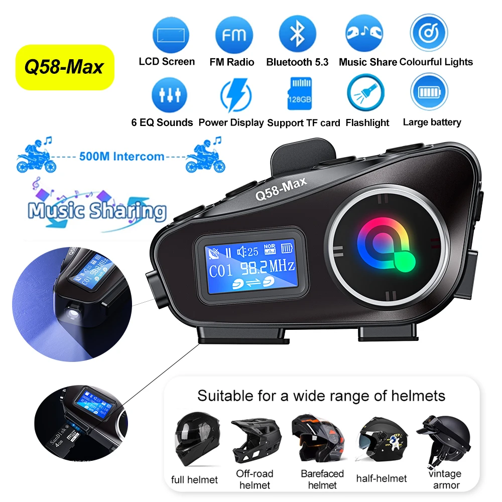 Universal Motorcycle Helmet Intercom Headset - オートバイ用Bluetoothヘッドセット,ヘルメット用ワイヤレス通信デバイス,LEDトランシーバー,スクリーンディスプレイ,Bt5.3,500m