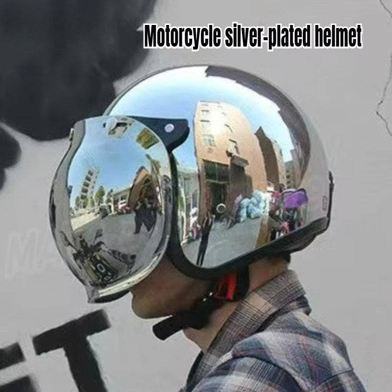 Vintage Open Face Retro Helmet - スタイリッシュでユニークなシルバーメッキのオープンフェイス・レトロ・バイクヘルメット。ヴィンテージ風のクローム仕上げ。シルバーのジェット型バイクヘルメット、3/4タイプ、ハーフヘルメット。